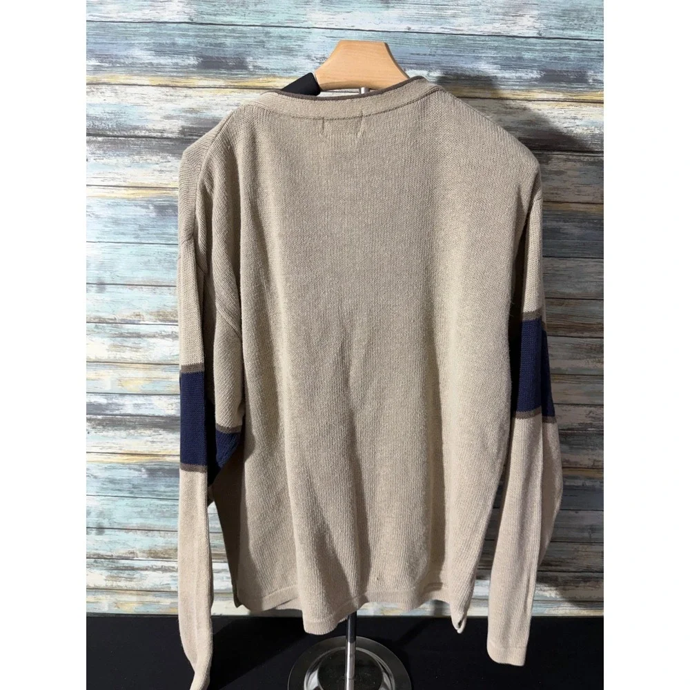 County Seat V-Neck Sweater Large Tan Navy Excellent Vintage Ramie‎ Cotton Knit